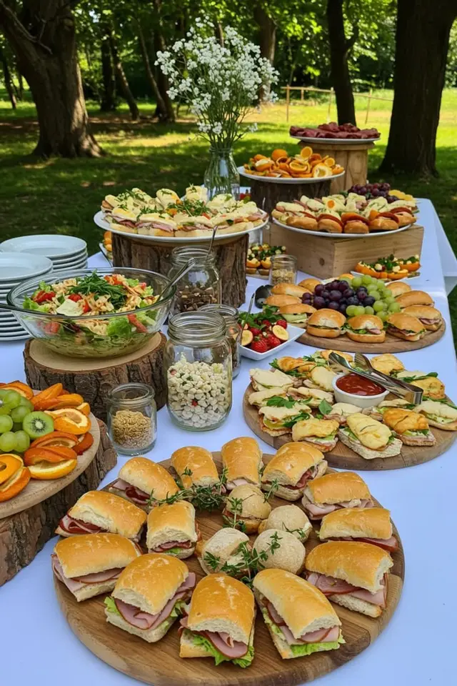 Masa de bufet in gradina, cu sandvisuri, salata si platouri pe butuci de lemn