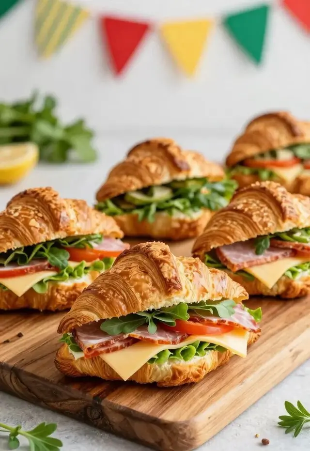 Croissante umplute cu sunca, cascaval si legume proaspete, pe tocator de lemn