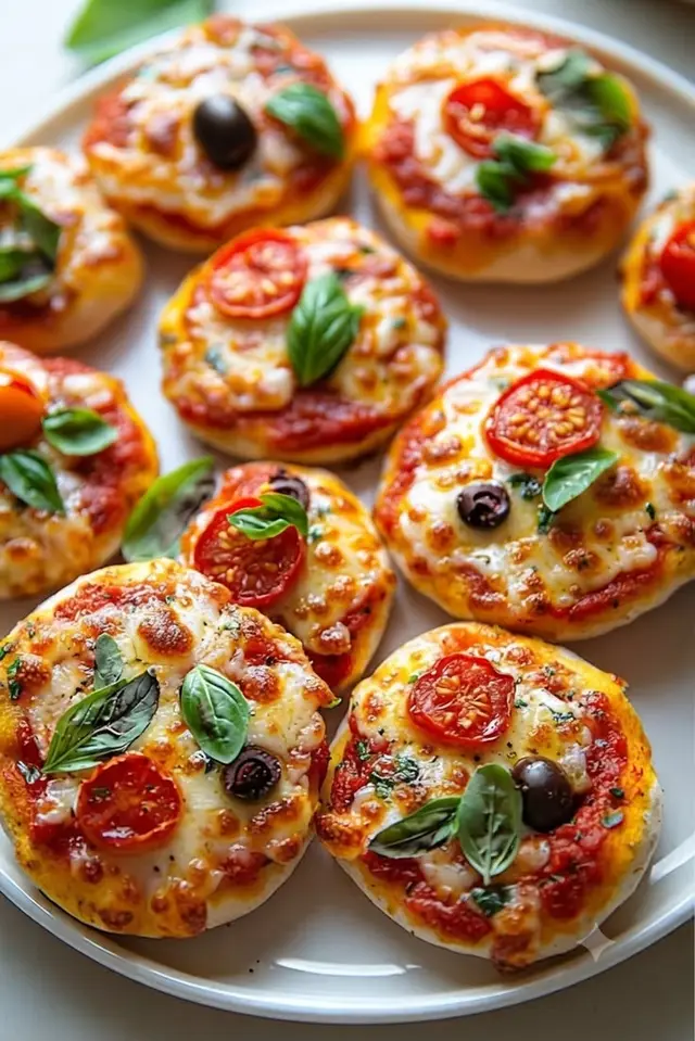 Mini pizza cu rosii, masline si busuioc proaspat